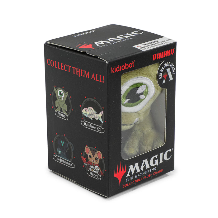 Three-inch Magic: The Gathering plush charms featuring colorful character designs, perfect for collectors and fans.
