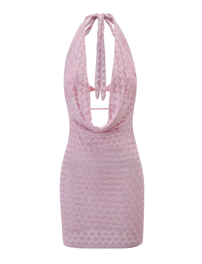 The MAKENZIE CROCHET MINI DRESS - SHIMMER PINK by TIGERMIST features a sleeveless design, deep cowl neckline, open back with tie halter neck, and semi-sheer textured shimmer fabric for a chic look.
