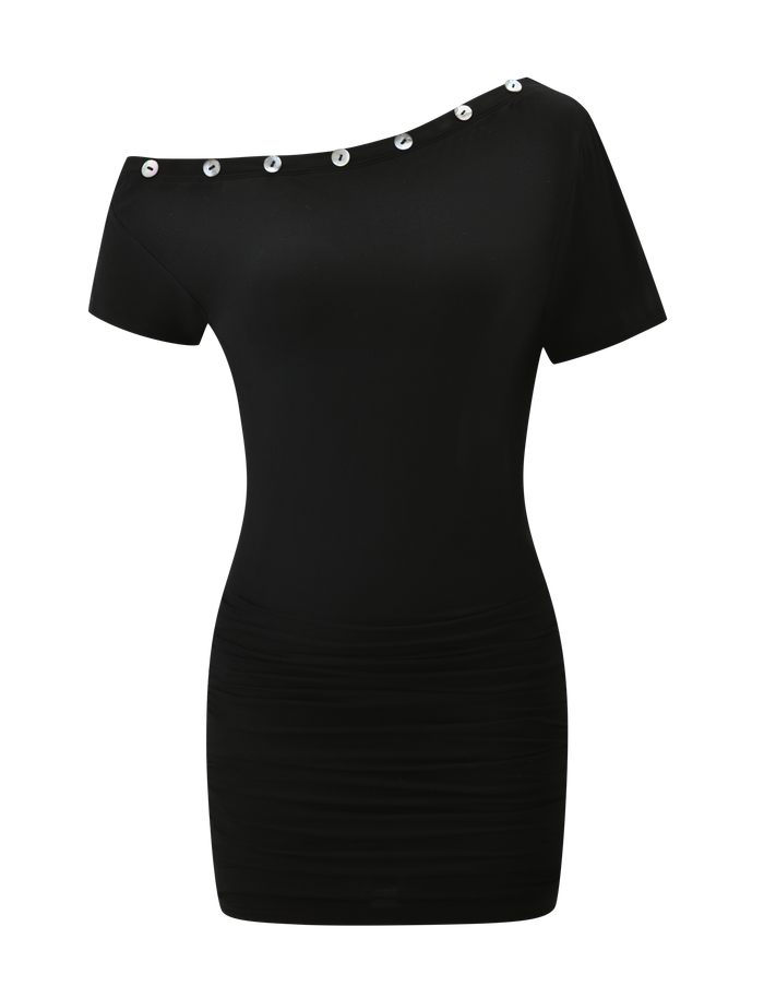 The MARITA DRESS - BLACK by TIGERMIST is a black mini dress with a fitted silhouette, asymmetrical neckline accented by large silver buttons, above-the-knee hem, and smooth, stretchy fabric for a sleek look.