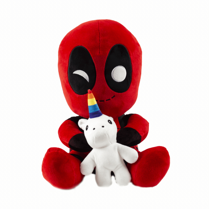 Marvel Deadpool riding a unicorn HugMe vibrating plush toy, soft plush material, detailed Deadpool and unicorn design.