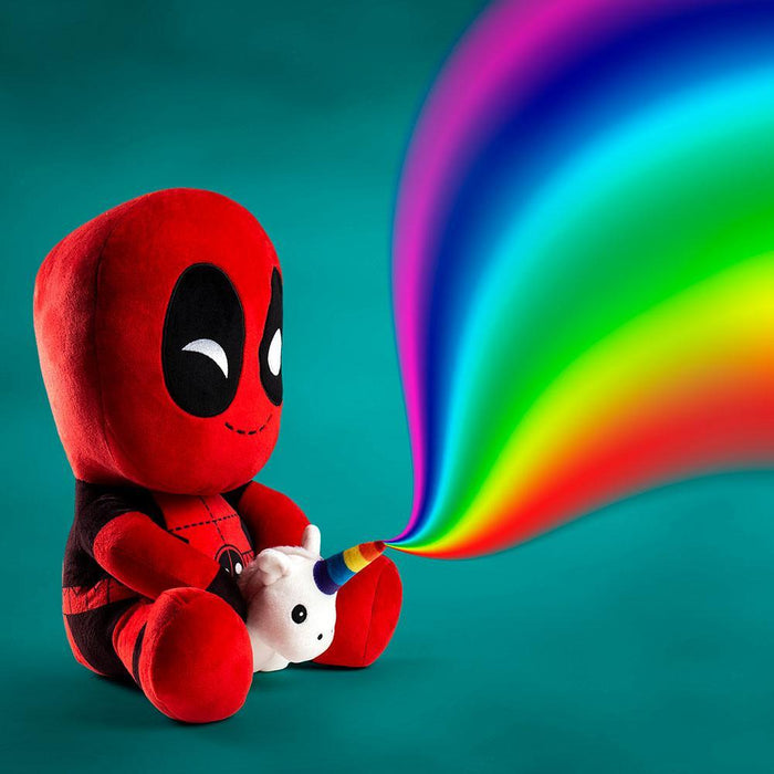 Marvel Deadpool riding a unicorn HugMe vibrating plush toy, soft plush with Deadpool and unicorn design, perfect for cuddling.
