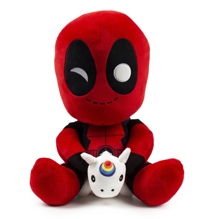 Marvel Deadpool riding a unicorn HugMe vibrating plush toy, soft plush material, detailed Deadpool and unicorn design.