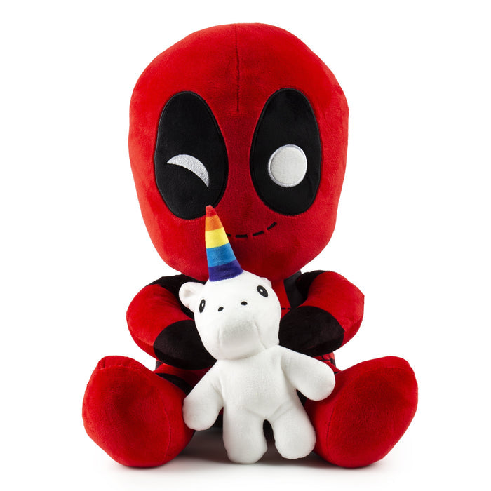 Marvel Deadpool plush riding a unicorn HugMe vibrating plush toy, soft and colorful with detailed Deadpool and unicorn features.