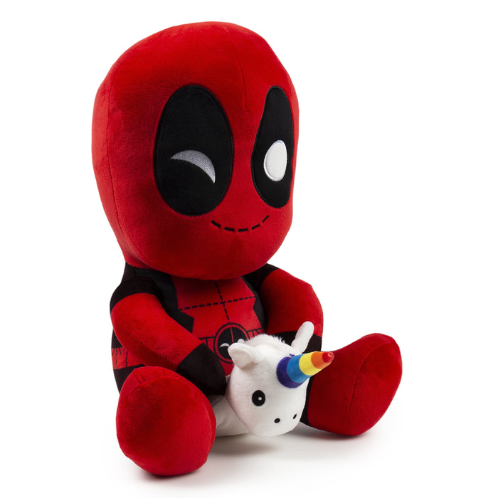 Marvel Deadpool plush toy riding a unicorn, HugMe vibrating plush, soft and collectible Marvel character plushie.