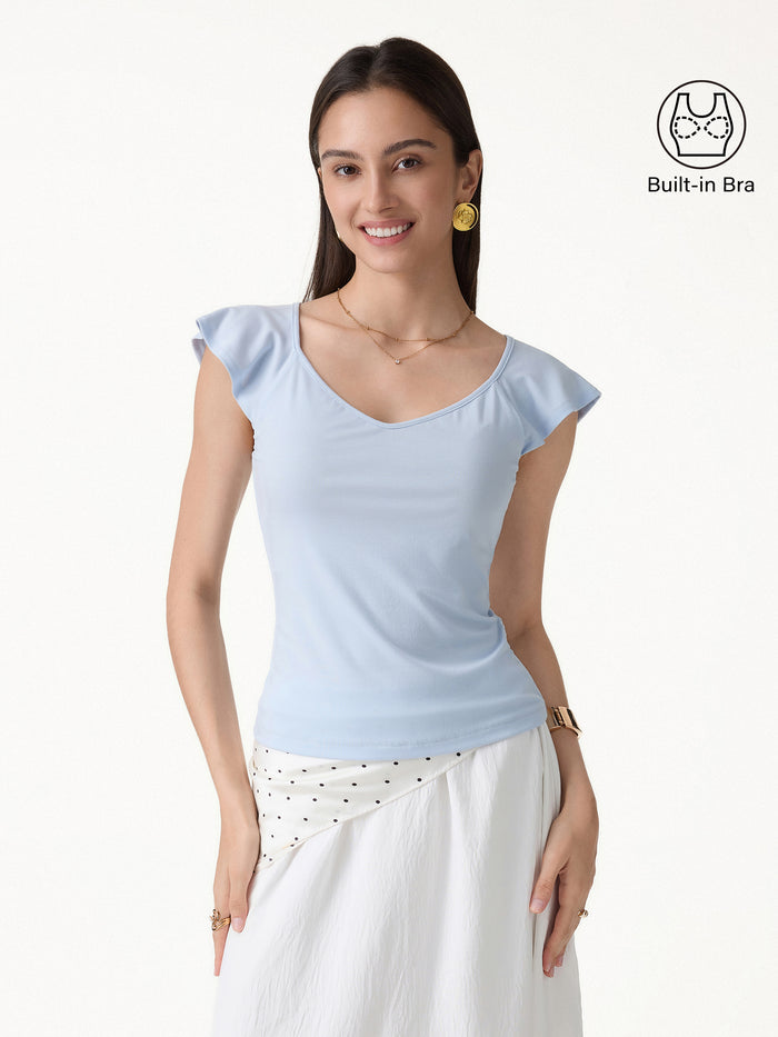 OGLmove Matte Smooth Diamond Neck Flutter Sleeve Bra Top