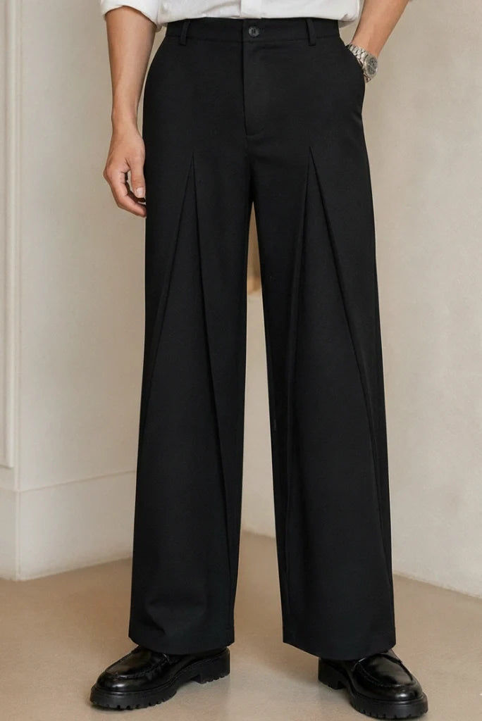 Black Front Pleated Classic Trouser-Front