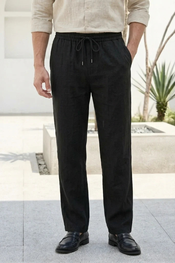 Men Black Casual Linen Pant-Front
