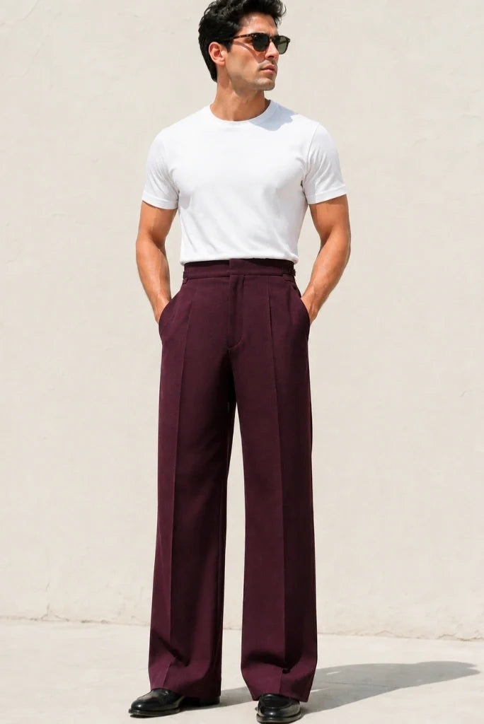 Men Burgundy Bootcut Flared Trousers-Front
