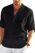 Men Black Cotton Linen Shirt-Front