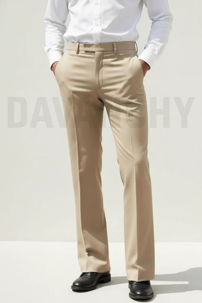 Men Cream Formal Bootcut Pant-Front