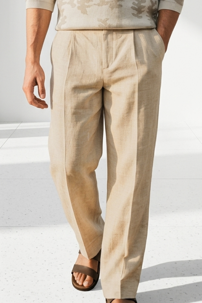 Men's Cream Linen Casual Pant-Front