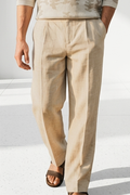 Men's Cream Linen Casual Pant-Front