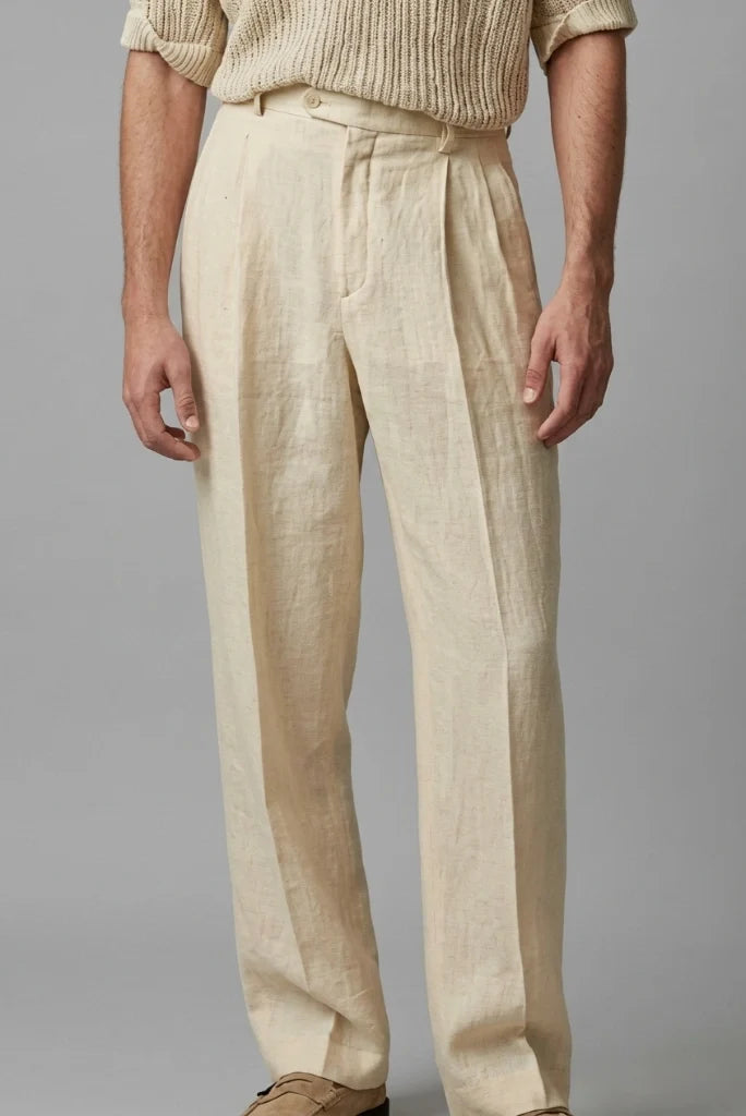 Men's Cream Linen Casual Trouser-Front