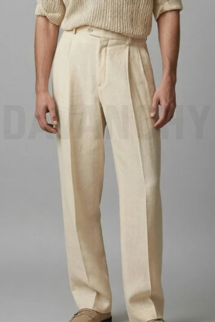 Men Cream Pleated Linen Pant-Front