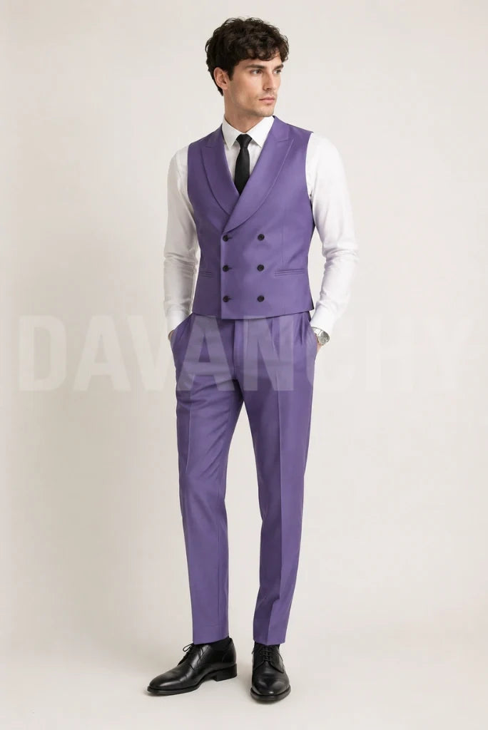 Men Light Purple Waistcoat and Pant Set-Front