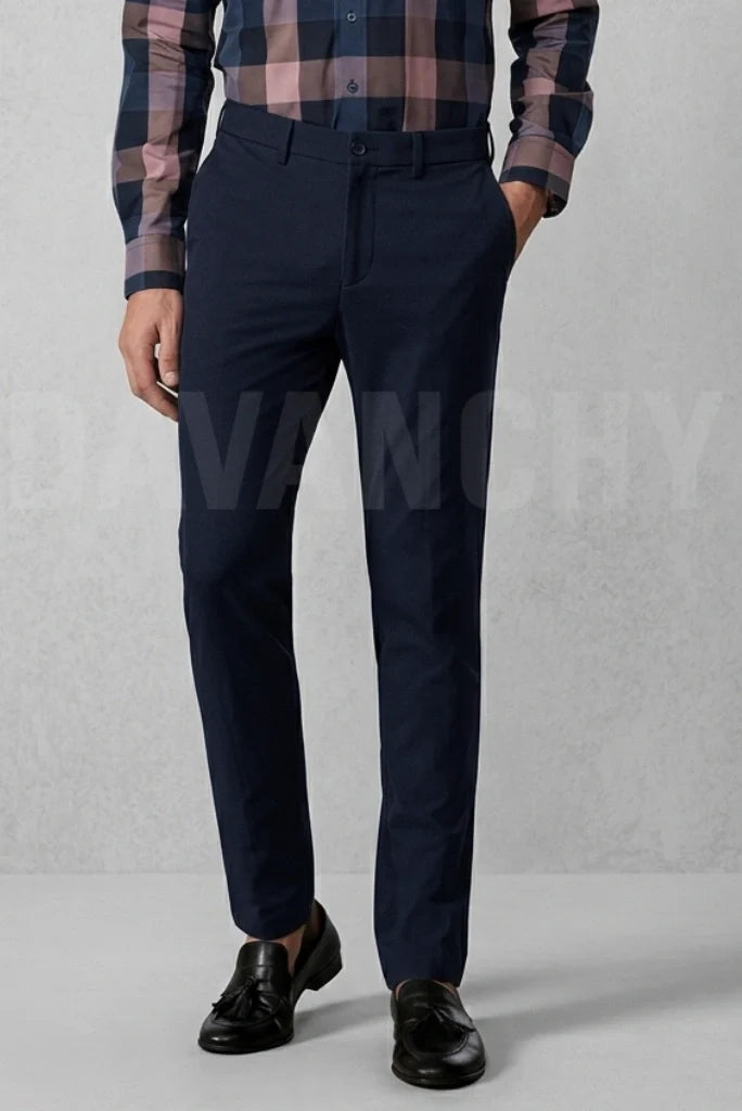 Men Navy Blue Formal Trouser-Front