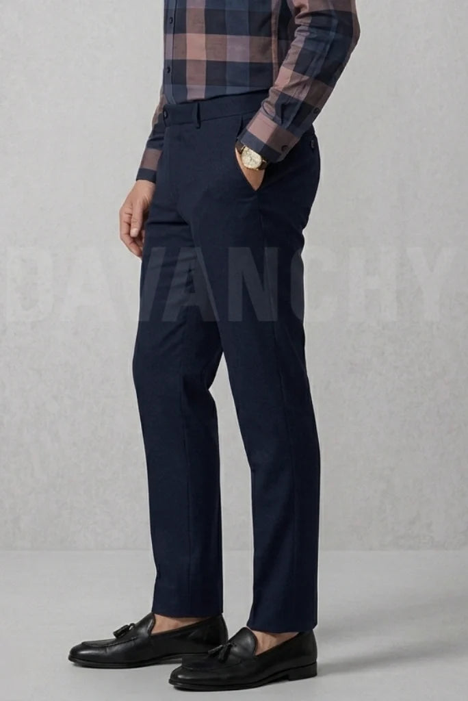 Men Navy Blue Office Trouser-Side