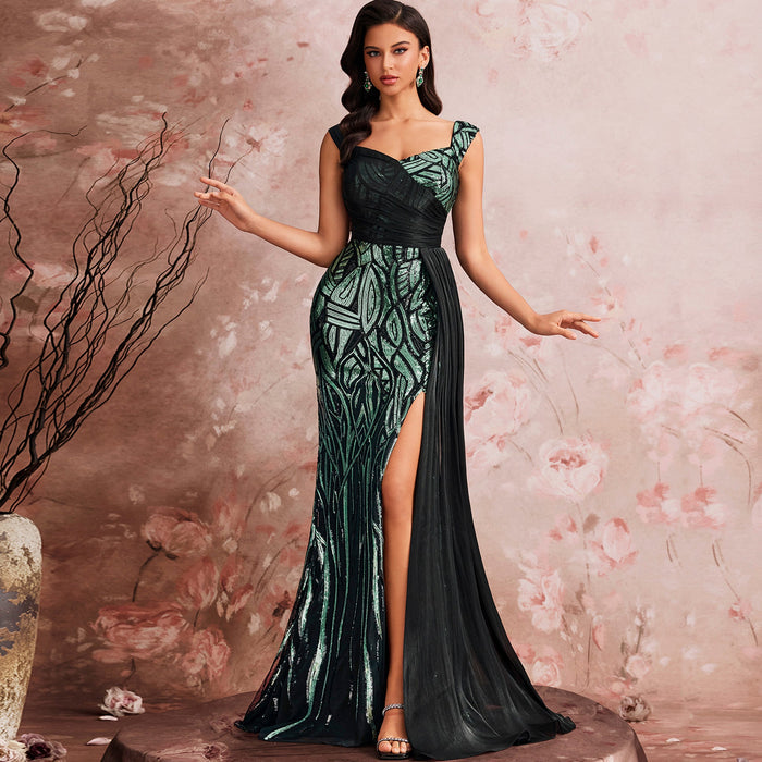 Mermaid Evening Gown Sparkle Prom Wedding Party Dress with Queen Ann Neck - Rosymae
