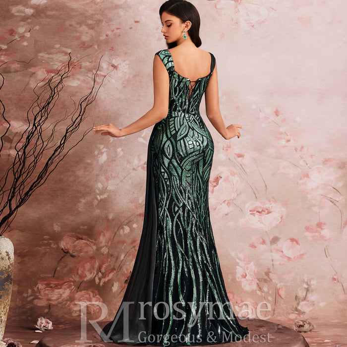Mermaid Evening Gown Sparkle Prom Wedding Party Dress with Queen Ann Neck - Rosymae