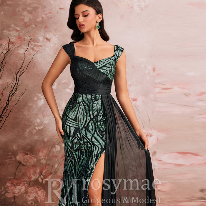Mermaid Evening Gown Sparkle Prom Wedding Party Dress with Queen Ann Neck - Rosymae
