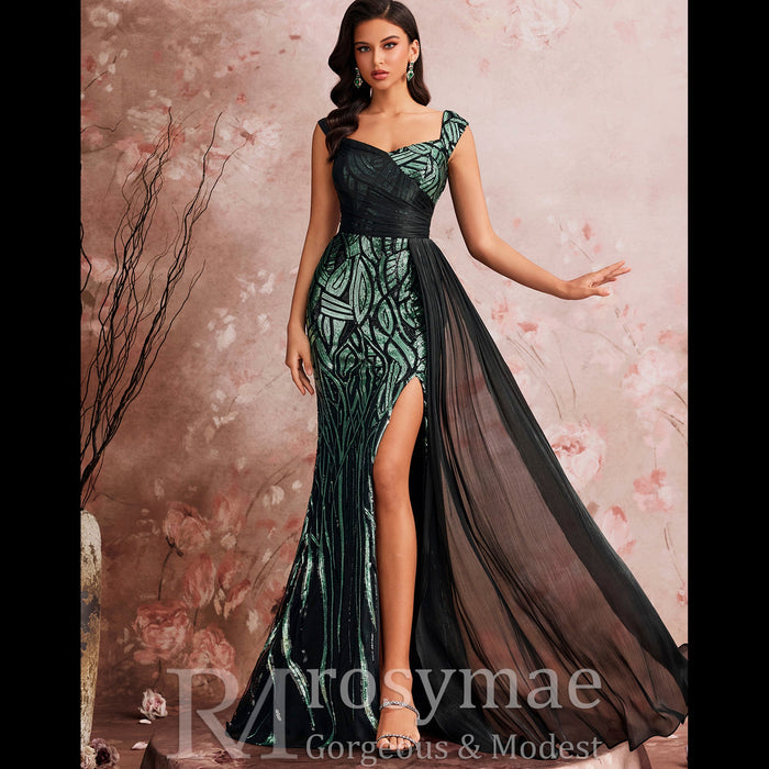 Mermaid Evening Gown Sparkle Prom Wedding Party Dress with Queen Ann Neck - Rosymae