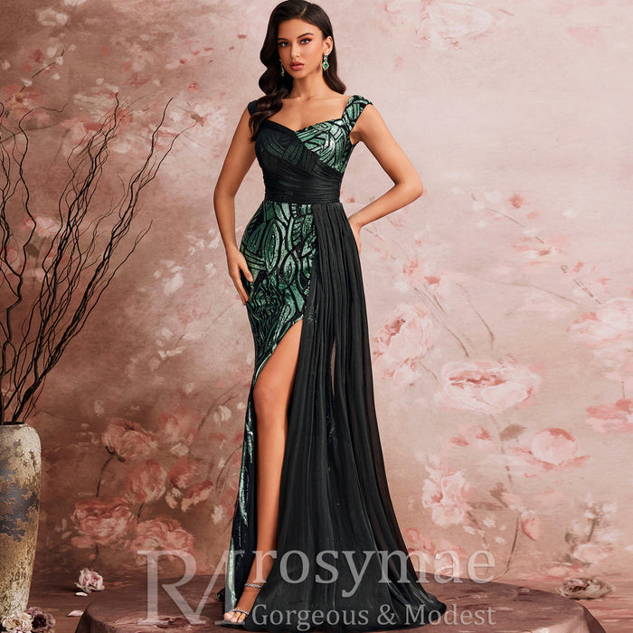 Mermaid Evening Gown Sparkle Prom Wedding Party Dress with Queen Ann Neck - Rosymae
