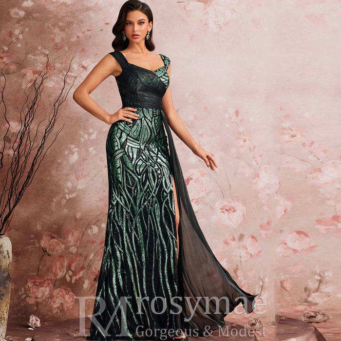 Mermaid Evening Gown Sparkle Prom Wedding Party Dress with Queen Ann Neck - Rosymae