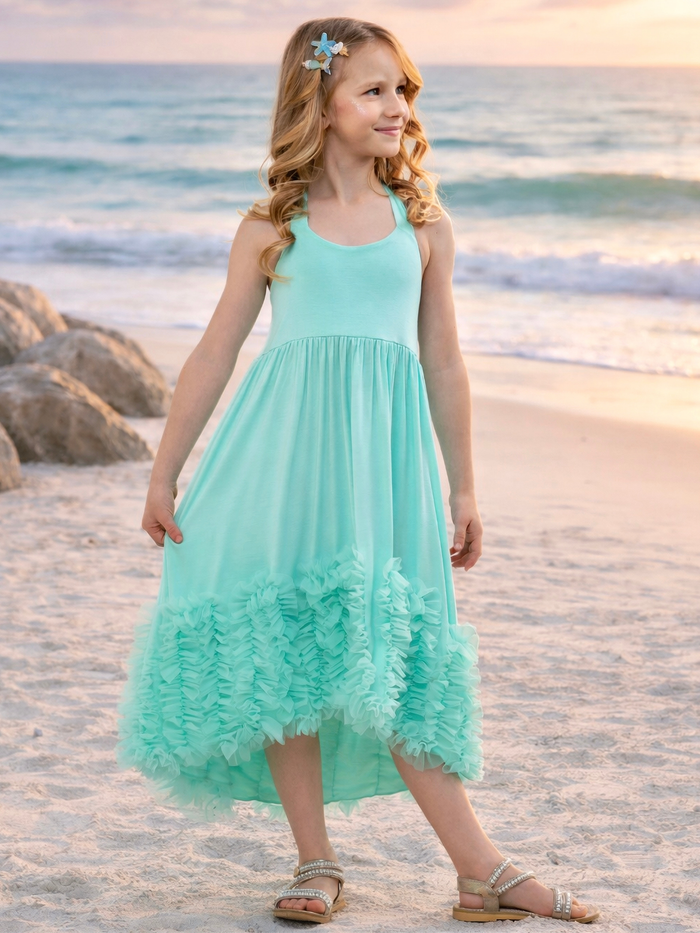 Stylish girls summer dress with halter tie neck and flowy skirt