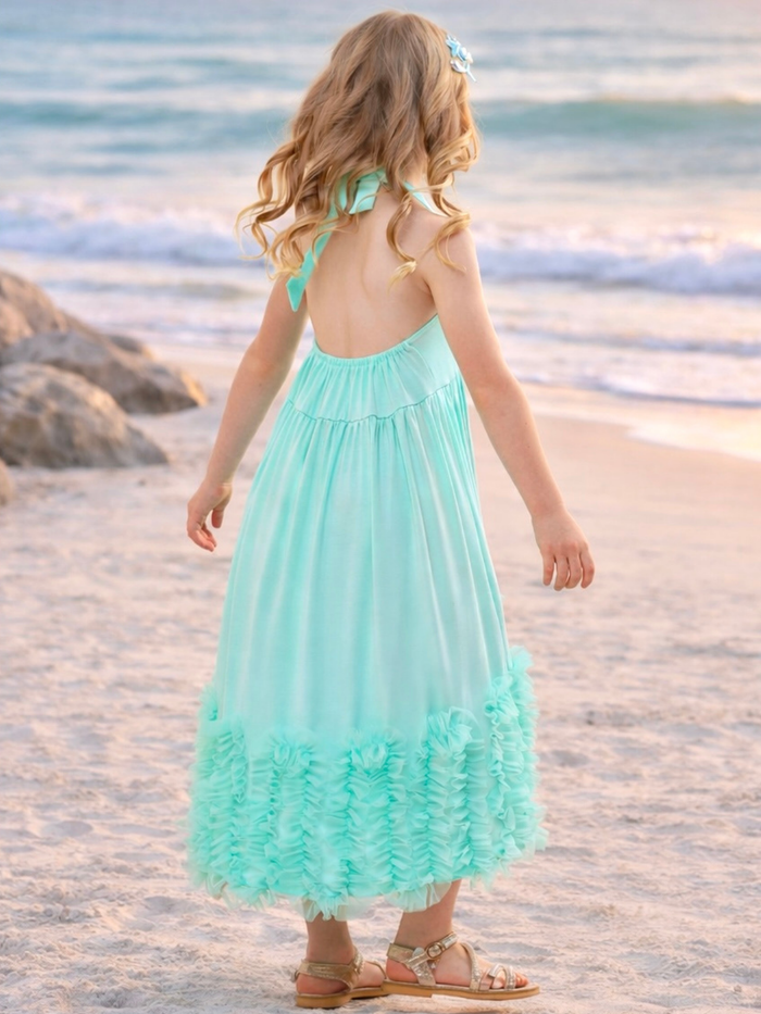 Kids twirling dress with halter neckline and layered hem