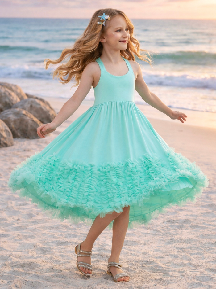 Girl wearing seafoam halter dress with ruffle hem for summer outfit