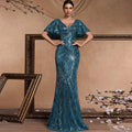 Mermaid Prom Dress Formal Gown Floor Length Short Sleeve V Neck V Back with Sequin - Rosymae