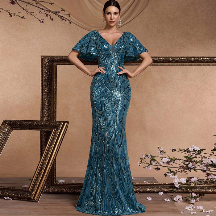 Mermaid Prom Dress Formal Gown Floor Length Short Sleeve V Neck V Back with Sequin - Rosymae
