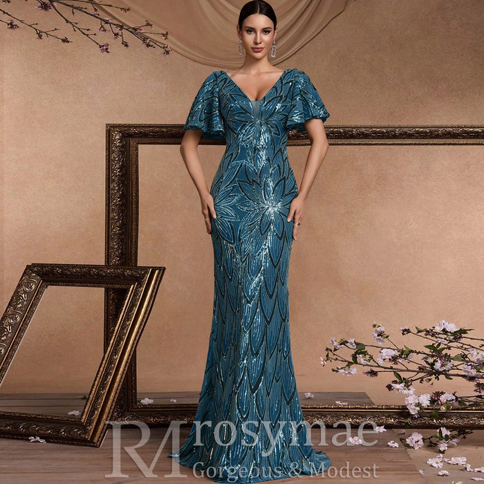 Mermaid Prom Dress Formal Gown Floor Length Short Sleeve V Neck V Back with Sequin - Rosymae