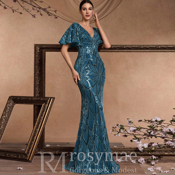 Mermaid Prom Dress Formal Gown Floor Length Short Sleeve V Neck V Back with Sequin - Rosymae