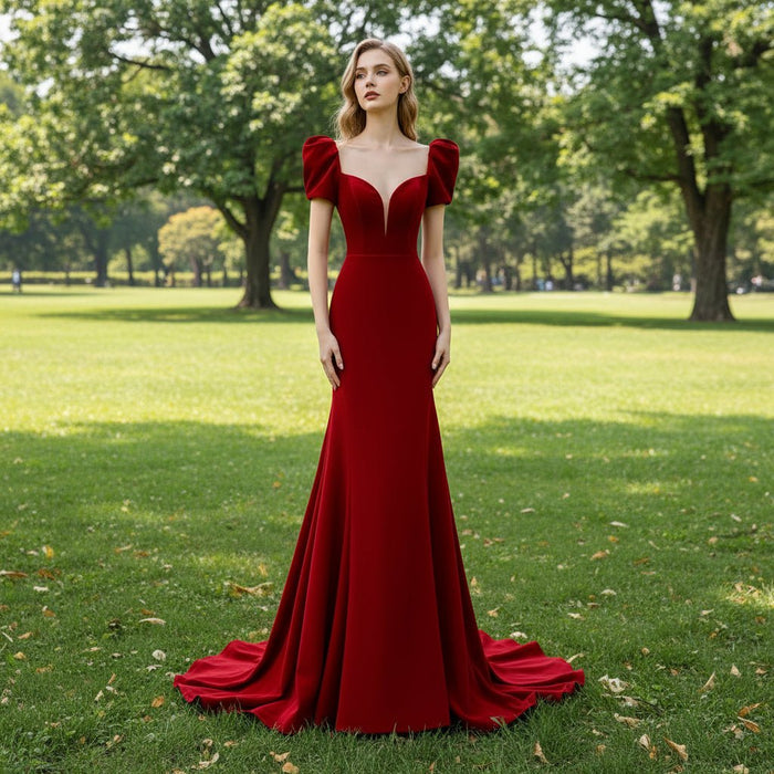 Mermaid Satin Red Bridesmaid Dresses with Puffy Short Sleeves - Rosymae
