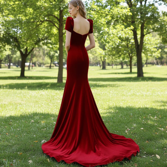 Mermaid Satin Red Bridesmaid Dresses with Puffy Short Sleeves - Rosymae