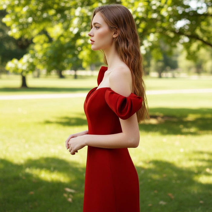 Mermaid Satin Red Bridesmaid Dresses with Puffy Short Sleeves - Rosymae