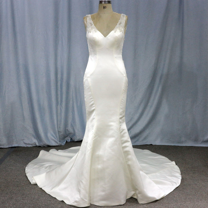 Mermaid Satin Wedding Dress with Tank Straps and Deep V Neck - Rosymae