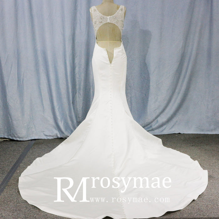Mermaid Satin Wedding Dress with Tank Straps and Deep V Neck - Rosymae