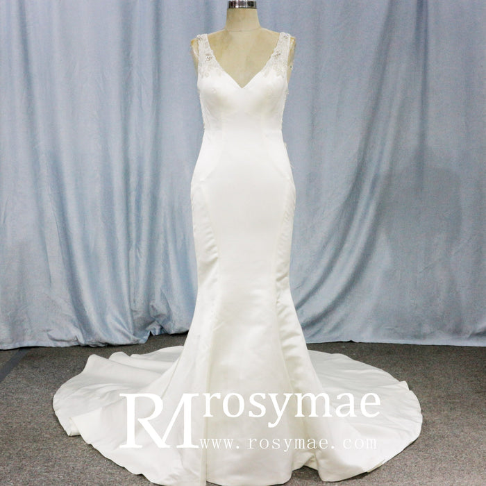 Mermaid Satin Wedding Dress with Tank Straps and Deep V Neck - Rosymae