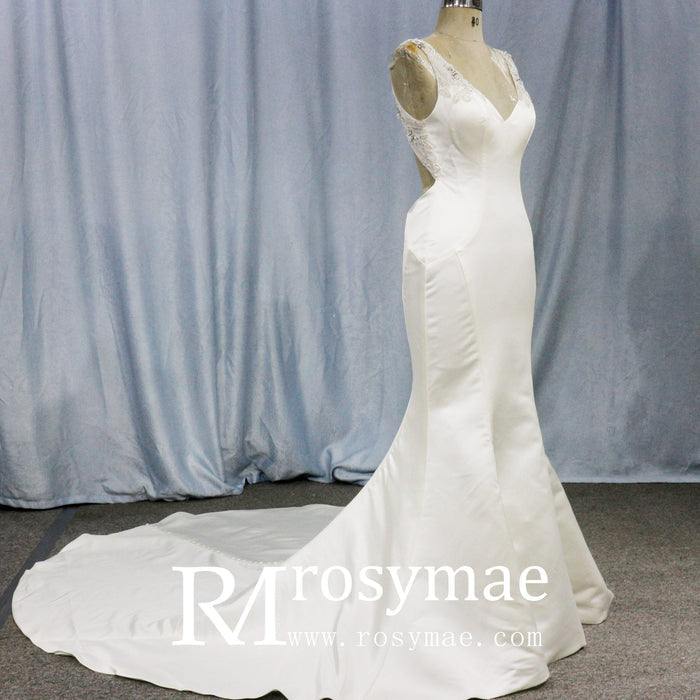 Mermaid Satin Wedding Dress with Tank Straps and Deep V Neck - Rosymae