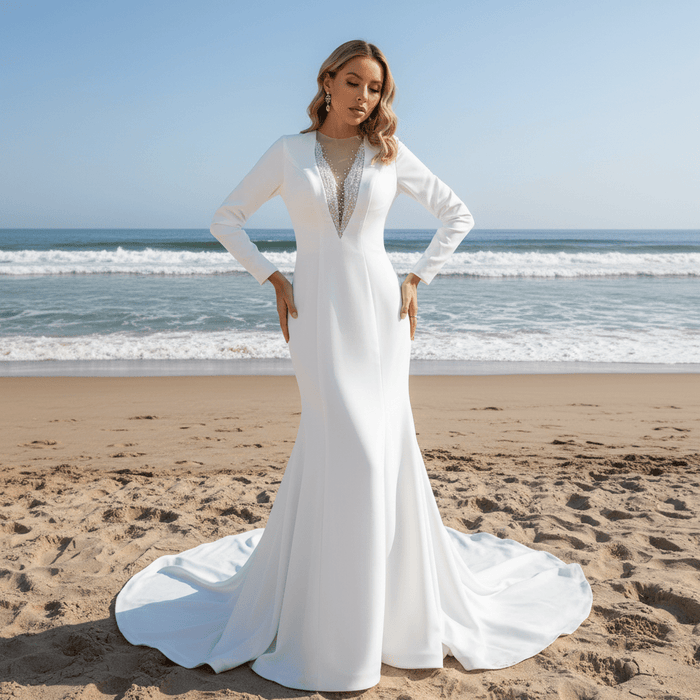 Mermaid Satin Wedding Dress with V Neck and Long Sleeves - Rosymae