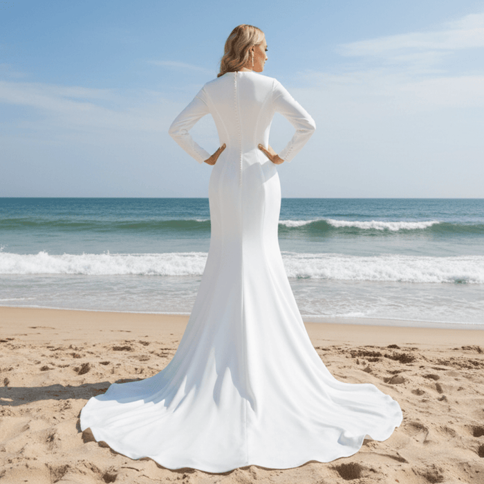 Mermaid Satin Wedding Dress with V Neck and Long Sleeves - Rosymae