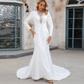 Mermaid Satin Wedding Dress with V Neck and Long Sleeves - Rosymae