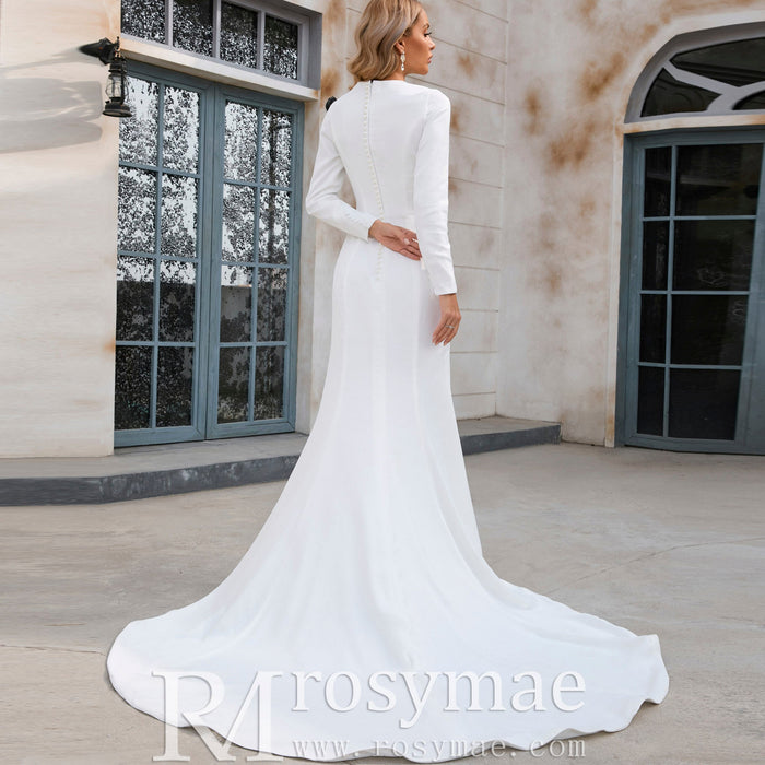 Mermaid Satin Wedding Dress with V Neck and Long Sleeves - Rosymae