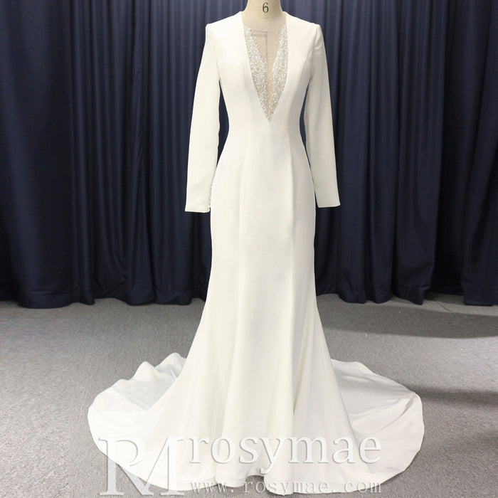 Mermaid Satin Wedding Dress with V Neck and Long Sleeves - Rosymae