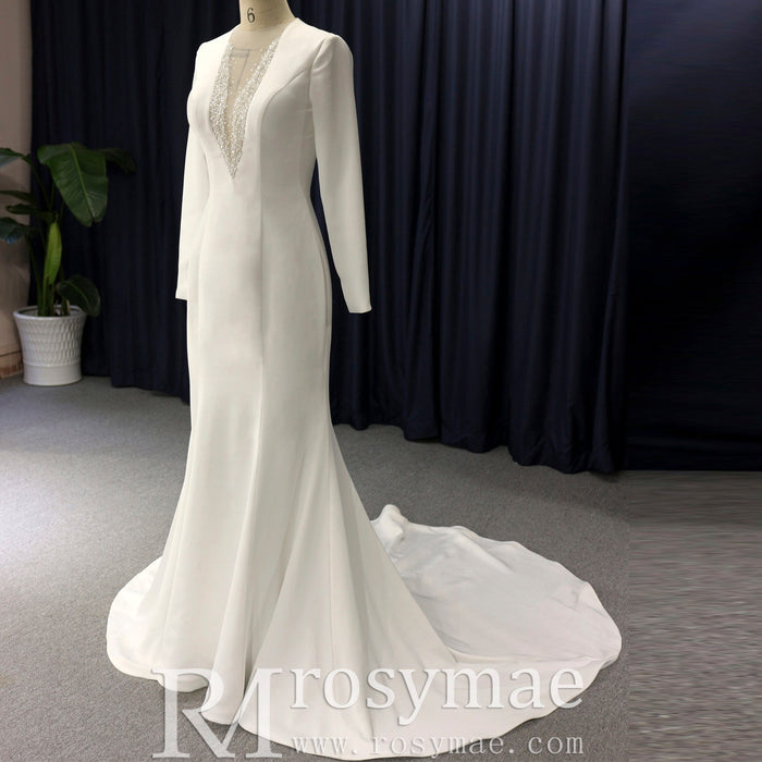 Mermaid Satin Wedding Dress with V Neck and Long Sleeves - Rosymae