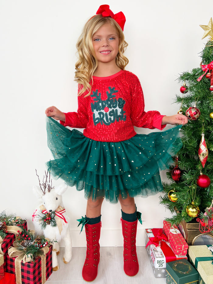 Merry & Bright Reindeer Top and Sequin Skirt Set Mia Belle Girls