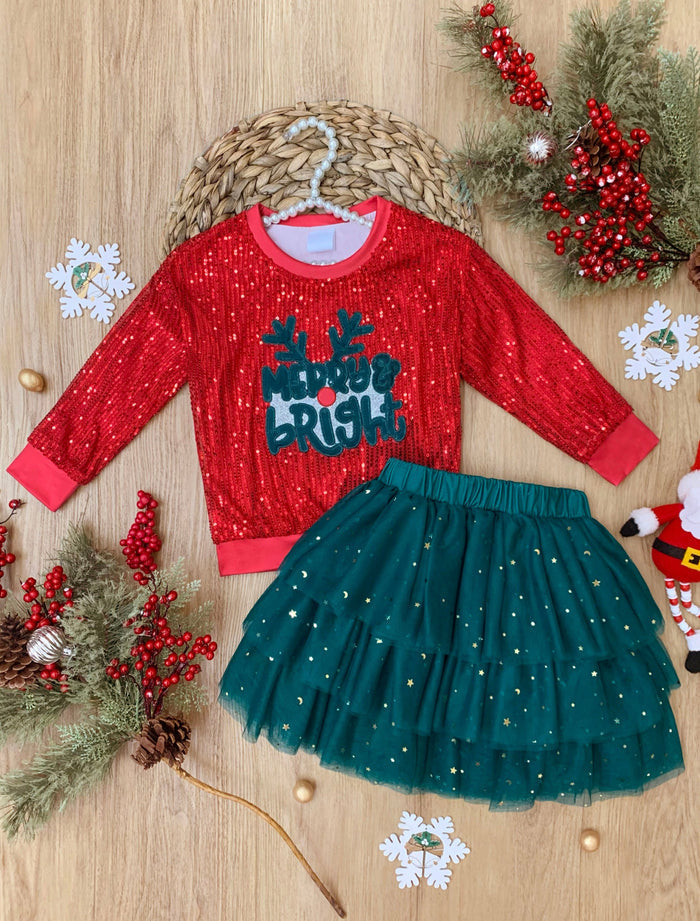 Merry & Bright Reindeer Top and Sequin Skirt Set Mia Belle Girls