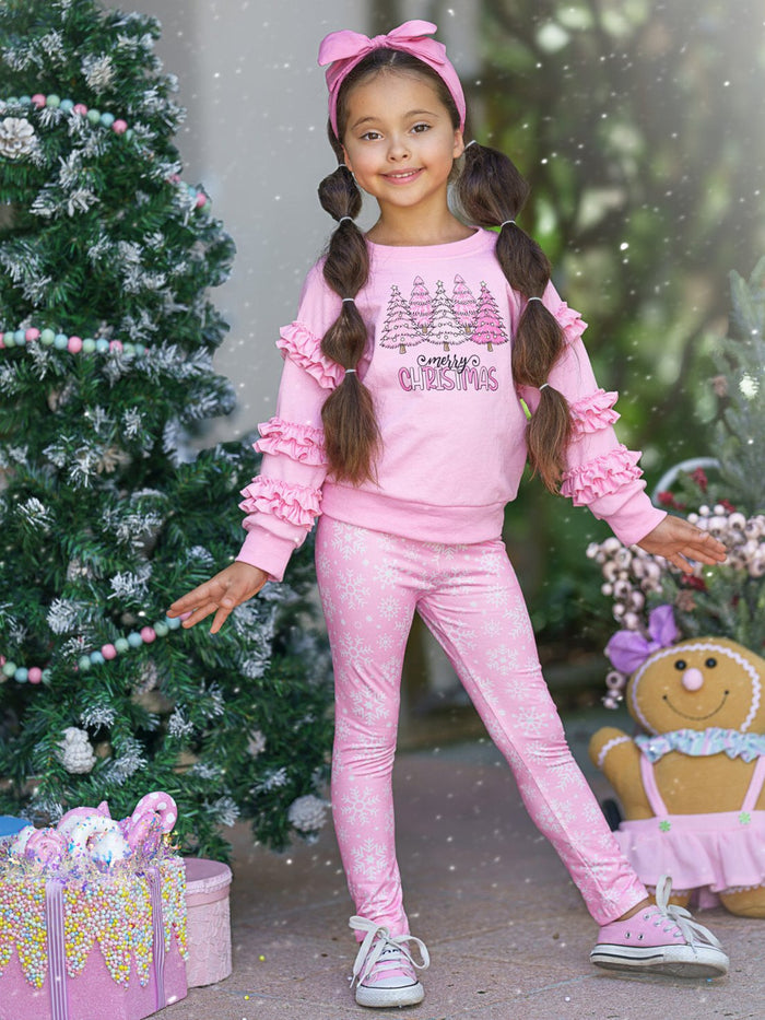 Merry Christmas Ruffle Top and Snowflake Legging Set Mia Belle Girls
